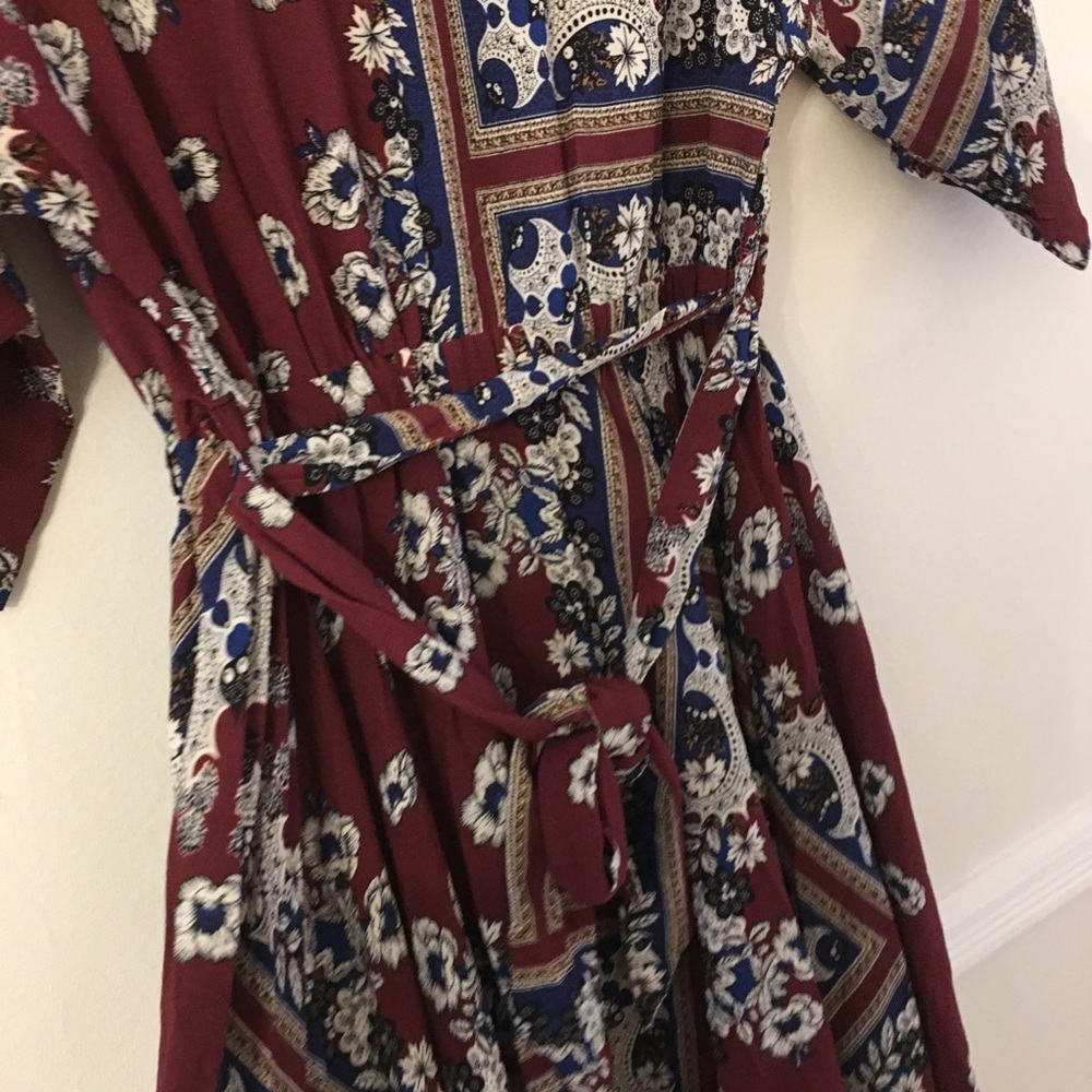 1 Left! Wine Floral Print Handkerchief Midi Dress - Picture 8 of 8